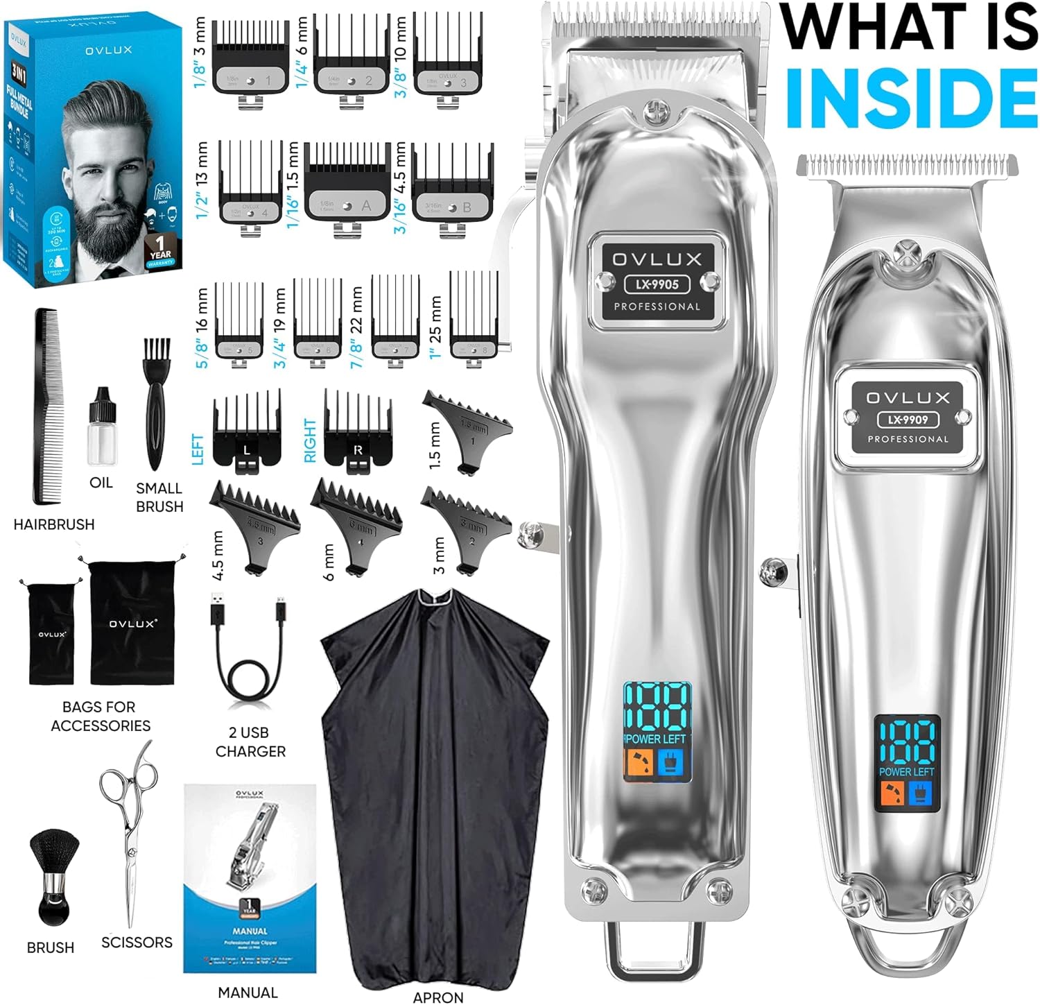 Professional Cordless Hair Clipper & Trimmer set - Metal - Silver