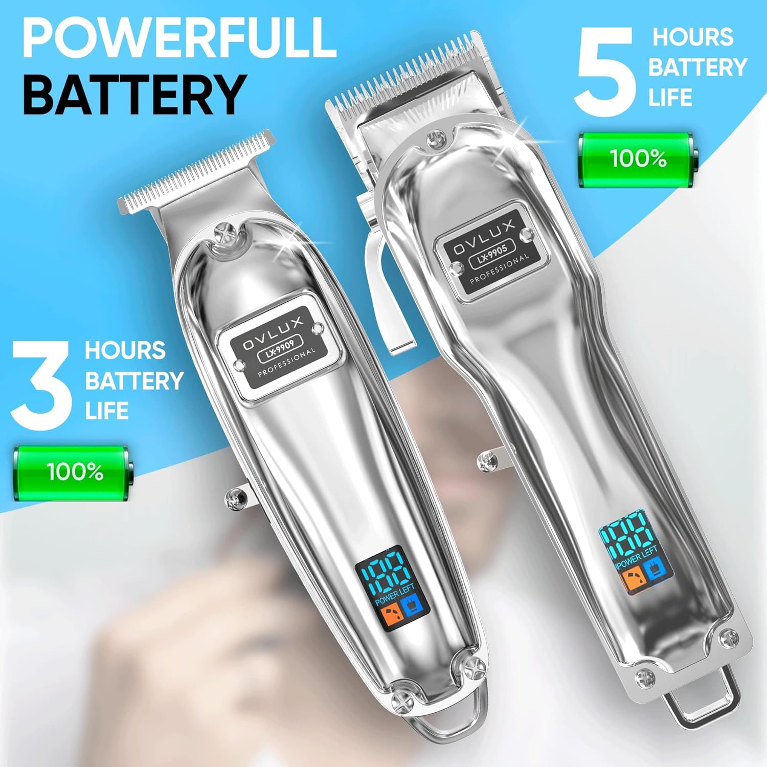 Professional Cordless Hair Clipper & Trimmer set - Metal - Silver