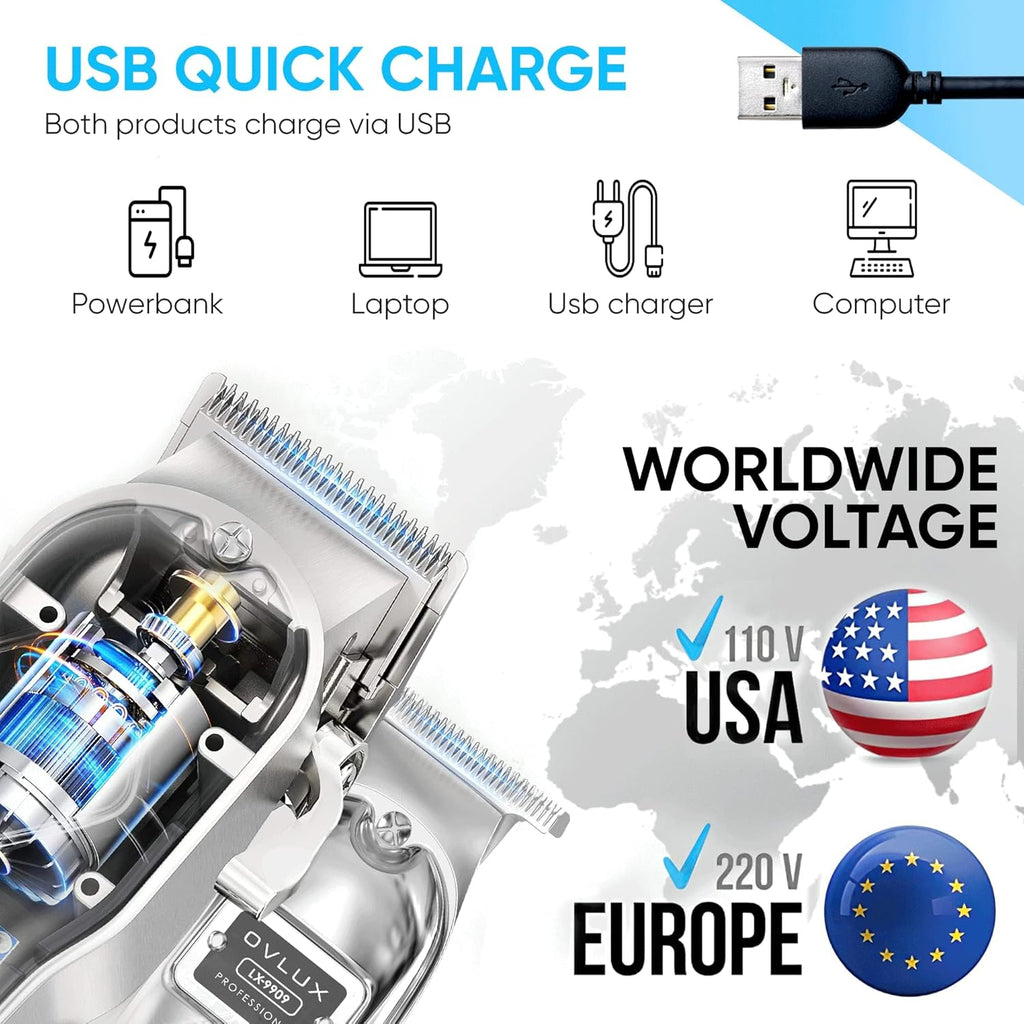 Professional Cordless Hair Clipper & Trimmer set - Metal - Silver