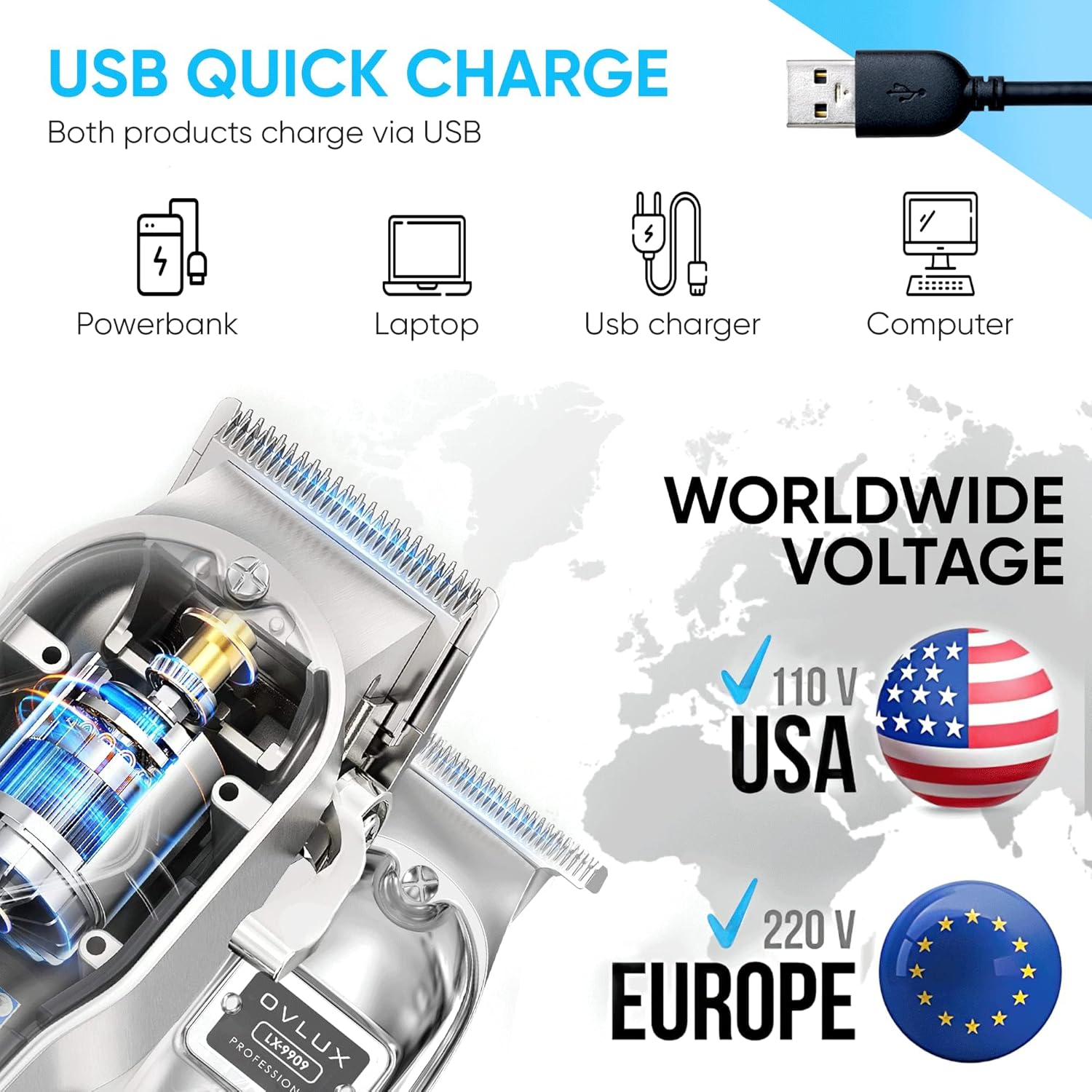 Professional Cordless Hair Clipper & Trimmer set - Metal - Silver