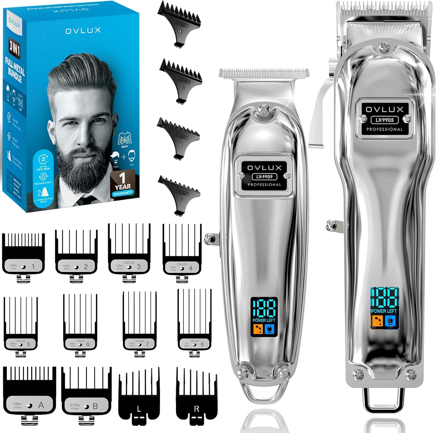 Professional Cordless Hair Clipper & Trimmer set - Metal - Silver